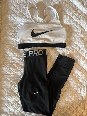 Nike White & Black Swoosh Performance Sports Bra and Black Pro Leggings